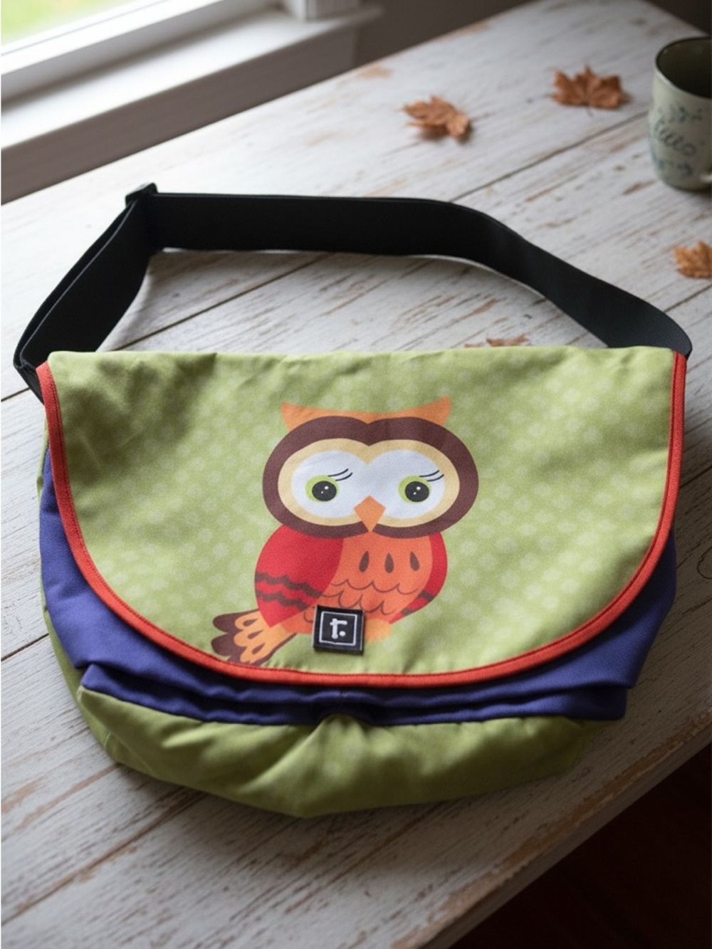 Whimsical Owl Crossbody Messenger Bag in Green & Purple